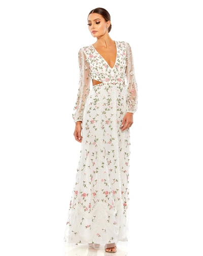 Shop Mac Duggal Long Sleeve Embellished Cut Out A-line Gown In Ivory Multi