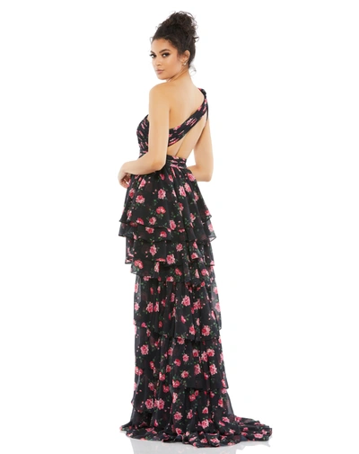 Mac Duggal One Shoulder Ruffled High Low Gown In Black Multi