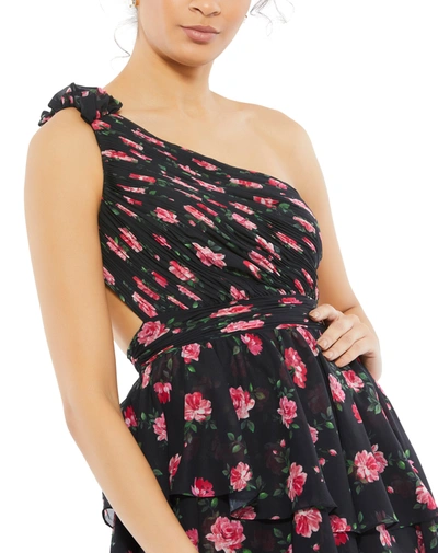 Mac Duggal One Shoulder Ruffled High Low Gown In Black Multi