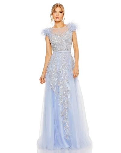 Shop Mac Duggal High Neck Feather Detail Beaded Gown In Periwinkle