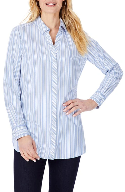 Shop Foxcroft Vera Modern Mini Stripe Stretch Cotton Blend Shirt In Blue Bliss