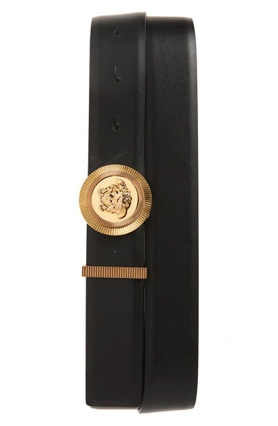 Shop Versace Biggie Medusa Leather Belt In Black/  Gold