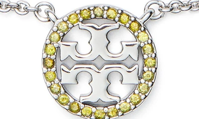 Shop Tory Burch Pavé Logo Pendant Necklace In Tory Silver / Olive