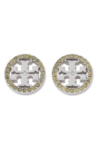 Shop Tory Burch Crystal Logo Circle Stud Earrings In Tory Silver / Olive