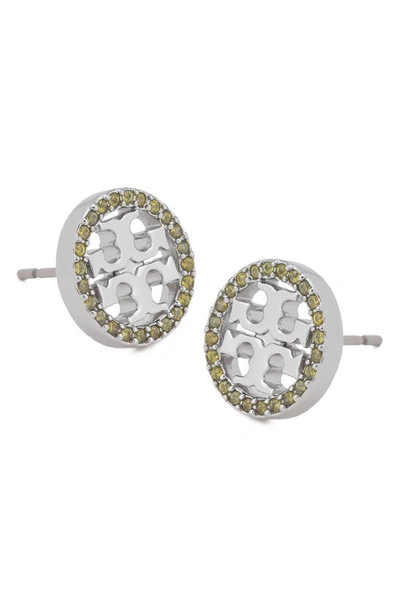 Shop Tory Burch Crystal Logo Circle Stud Earrings In Tory Silver / Olive