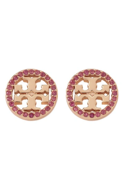 Shop Tory Burch Crystal Logo Circle Stud Earrings In Tory Gold / Ruby