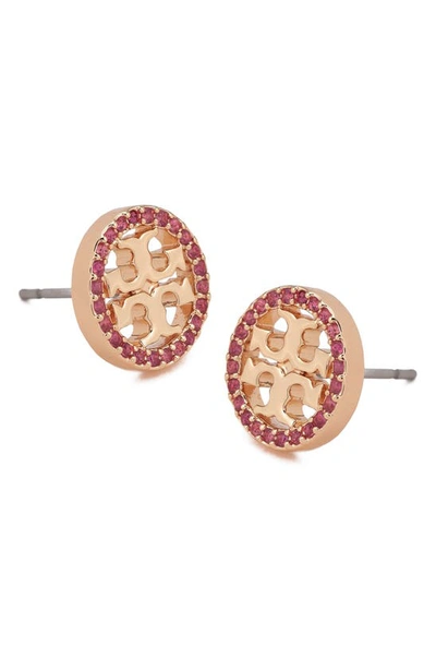 Shop Tory Burch Crystal Logo Circle Stud Earrings In Tory Gold / Ruby