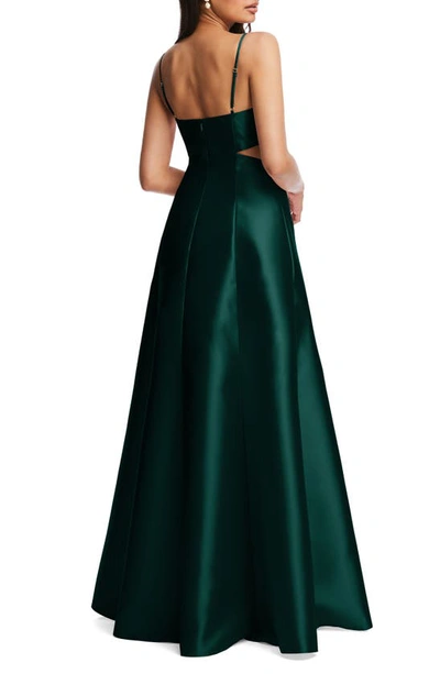 Alfred Sung Open Neckline Cutout Satin Twill A-line Gown With Pockets In Evergreen
