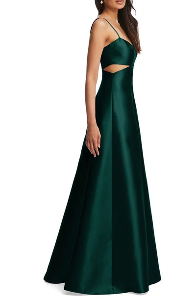 Alfred Sung Open Neckline Cutout Satin Twill A-line Gown With Pockets In Evergreen