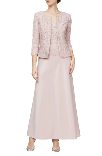 Shop Alex Evenings Embroidered Lace Mock Two-piece Gown With Jacket In Blush