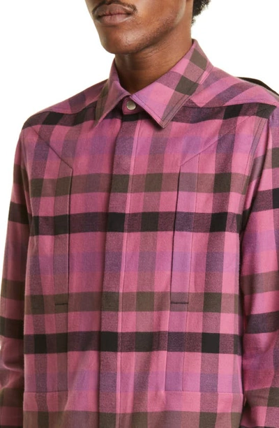 Shop Rick Owens Fogpocket Mixed Media Plaid Overshirt In Hot Pink Plaid/ Fuchsia Plaid