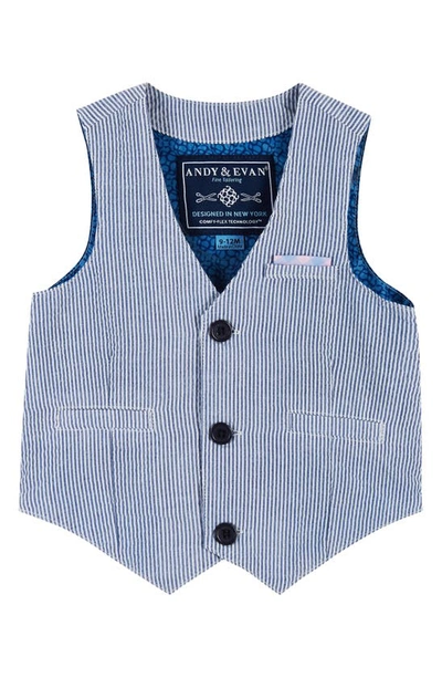 Shop Andy & Evan Seersucker Bodysuit, Bow Tie, Vest & Pants Set In Light Blue Seerskr