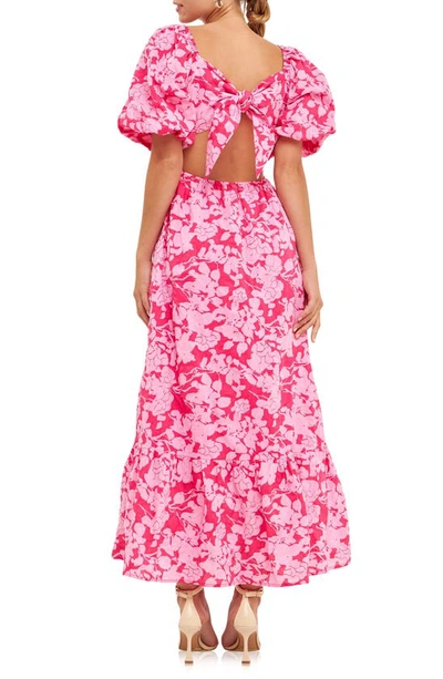 Shop Free The Roses Floral Puff Sleeve Tie Back Maxi Dress In Red/ Pink