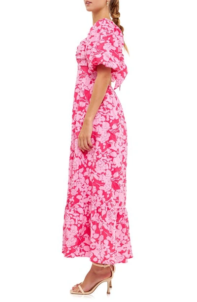 Shop Free The Roses Floral Puff Sleeve Tie Back Maxi Dress In Red/ Pink