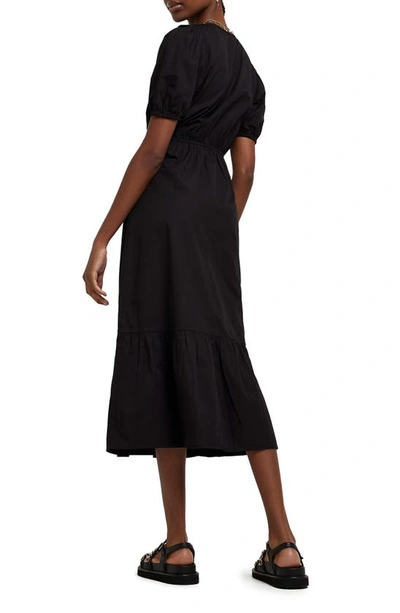 Shop River Island Puff Sleeve Faux Wrap Midi Dress In Black
