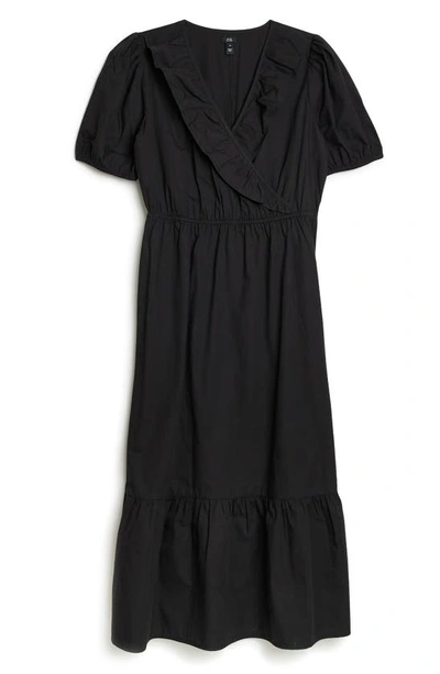 Shop River Island Puff Sleeve Faux Wrap Midi Dress In Black
