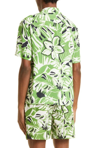 Shop Palm Angels Macro Hibiscus Print Bowling Shirt In Green White