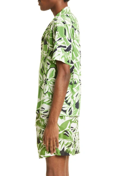 Shop Palm Angels Macro Hibiscus Print Bowling Shirt In Green White