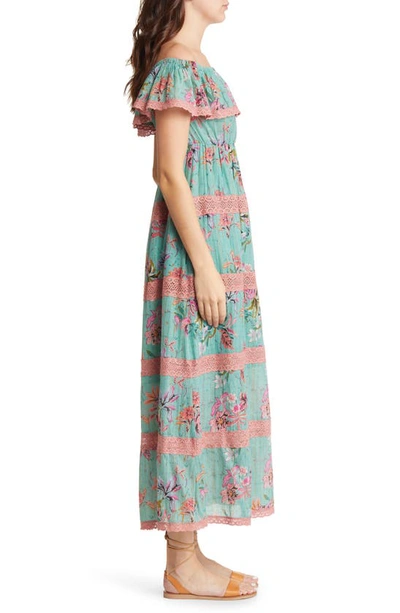 Shop Barok Paris Floral Off The Shoulder Cotton Blend Maxi Dress In Seafoam