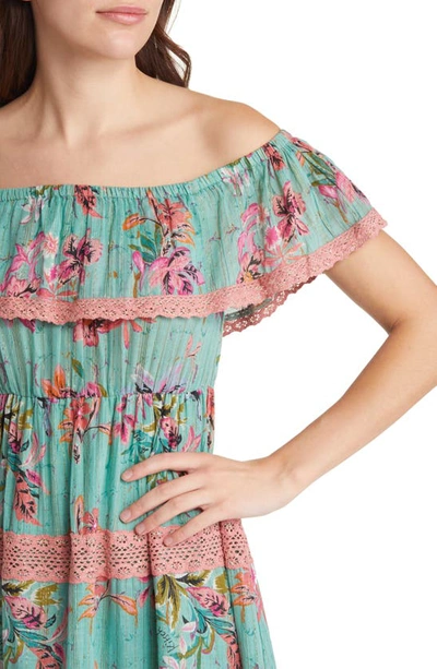 Shop Barok Paris Floral Off The Shoulder Cotton Blend Maxi Dress In Seafoam