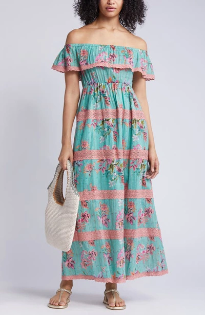 Shop Barok Paris Floral Off The Shoulder Cotton Blend Maxi Dress In Seafoam