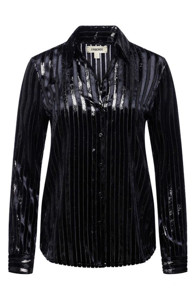Shop L Agence Laurent Metallic Stripe Velvet Blouse In Black