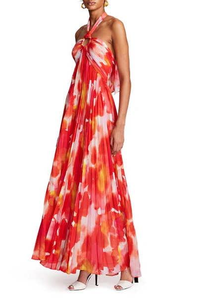 Shop Halston Jill Pleated Chiffon Gown In Sunset Watercolor Print