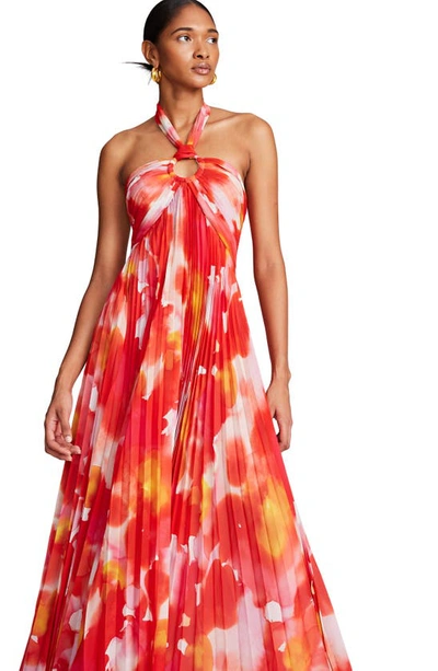 Shop Halston Jill Pleated Chiffon Gown In Sunset Watercolor Print