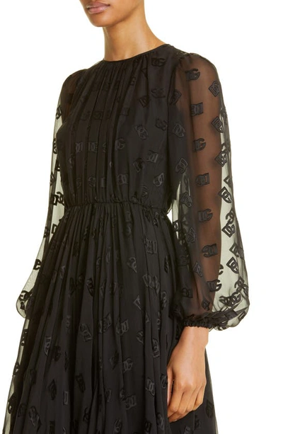 Shop Dolce & Gabbana Logo Jacquard Long Sleeve Chiffon Dress In Black