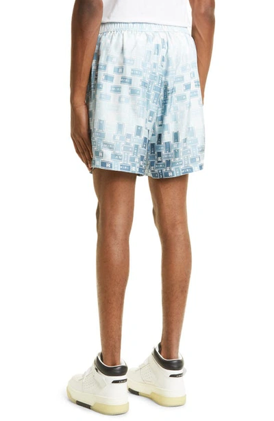 Shop Amiri Dégradé Logo Tape Print Silk Shorts In Blue