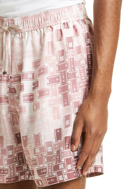Shop Amiri Dégradé Logo Tape Print Silk Shorts In Pink