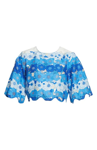 Blue Striped Floral Flare Sleeve Crop Top