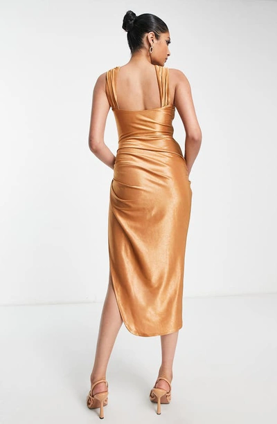 Shop Asos Design Corset Satin Midi Dress In Brown