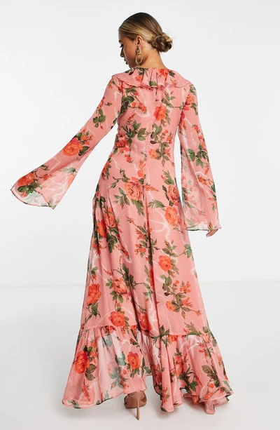 Asos Design Floral Ruffle Long Sleeve Maxi Dress In Pink