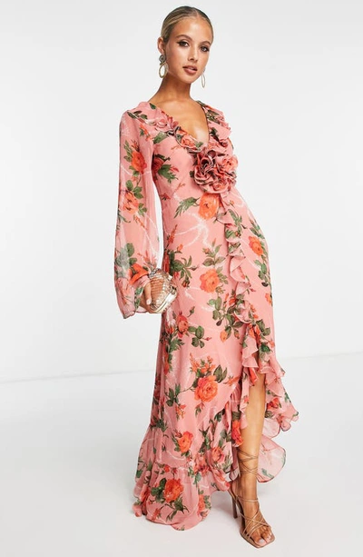 Asos Design Floral Ruffle Long Sleeve Maxi Dress In Pink