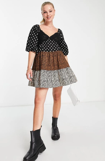 Shop Asos Design Mixed Print Babydoll Minidress In Black/ Brown Print