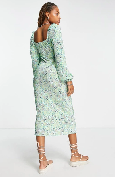 Shop Asos Design Floral Cutout Long Sleeve Midi Dress In Light Green