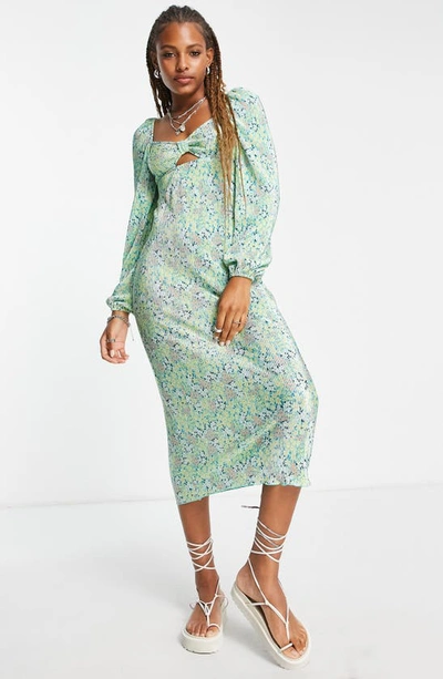 Shop Asos Design Floral Cutout Long Sleeve Midi Dress In Light Green