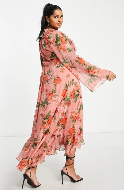 Shop Asos Design Curve Rose Print Long Sleeve Midi Dress In Pink