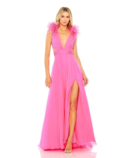 Shop Mac Duggal A-line V Neck Feathered Collar Gown In Hot Pink