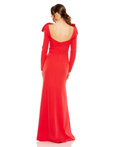 Shop Mac Duggal Empire Waist Long Sleeve Bow Shoulder Gown In Red