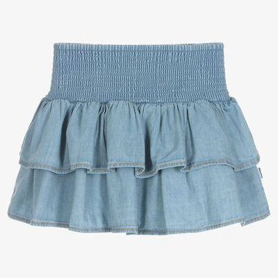 Shop Molo Girls Cotton Chambray Ruffle Skirt In Blue