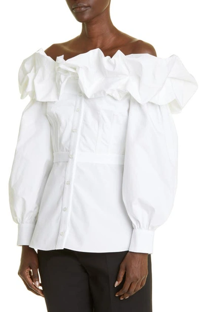 Shop Alexander Mcqueen Off The Shoulder Ruffle Cotton Poplin Blouse In 9000 Opticalwhite