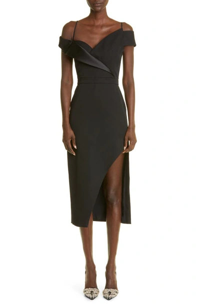 Shop Alexander Mcqueen Crisp Asymmetric Off The Shoulder Wool Midi Dress In 1000 Black