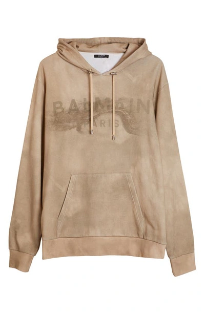 Shop Balmain Desert Print Logo Oversize Organic Cotton Hoodie In Molt/ Sand