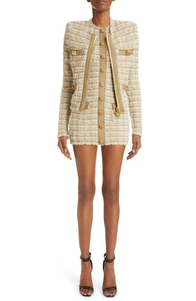 Shop Balmain Metallic Eyelash Tweed Mini Sweater Dress In Beige Multi