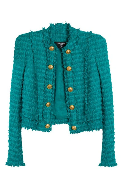 Shop Balmain Collarless Fringe Tweed Jacket In Emerald