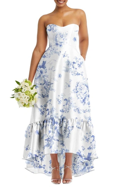 Shop Alfred Sung Strapless Floral Ruffle High-low Gown In Cottage Rose-larkspur
