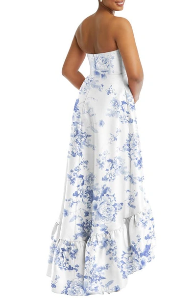 Shop Alfred Sung Strapless Floral Ruffle High-low Gown In Cottage Rose-larkspur