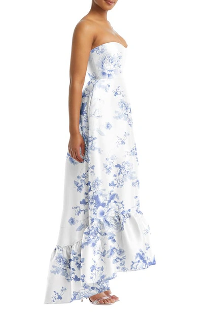 Shop Alfred Sung Strapless Floral Ruffle High-low Gown In Cottage Rose-larkspur